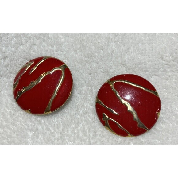 Vintage Rare Animal Print Earrings Enamel Round Red Gold 80s Retro Punk - Picture 3 of 7